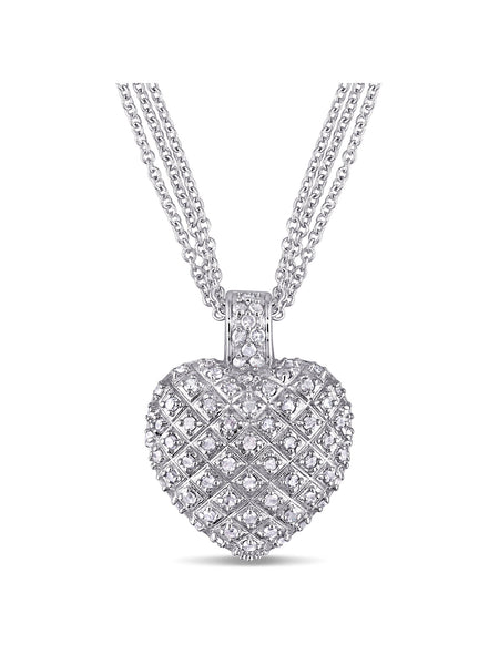 1 Carat T.W. Diamond Sterling Silver Heart Pendant Necklace with 3-Strand Chain