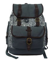 Printed Laptop Backpack in Black/Grey with Brown Trim