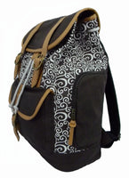 Printed Laptop Backpack in Black/Grey with Brown Trim