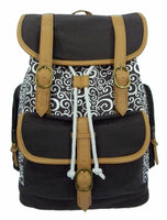 Printed Laptop Backpack in Black/Grey with Brown Trim