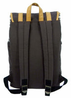 Printed Laptop Backpack in Black/Grey with Brown Trim