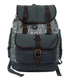 Printed Laptop Backpack in Black/Grey with Brown Trim