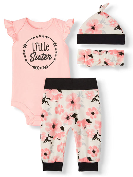 Baby Girls Bodysuit, Leggings, Hat and Headband, 4-Piece Set