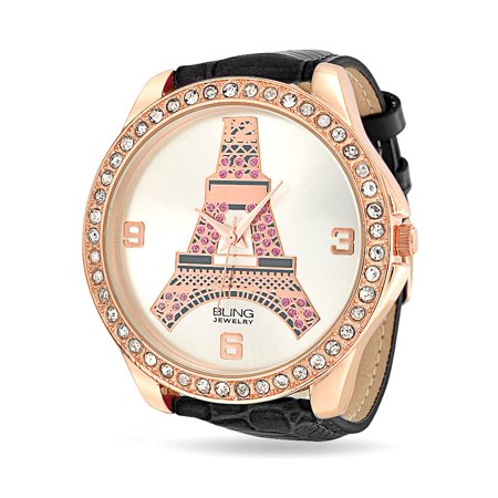 White Dial Crystal Bezel Rose Gold Plated Eiffel Tower Paris Watch For Teen