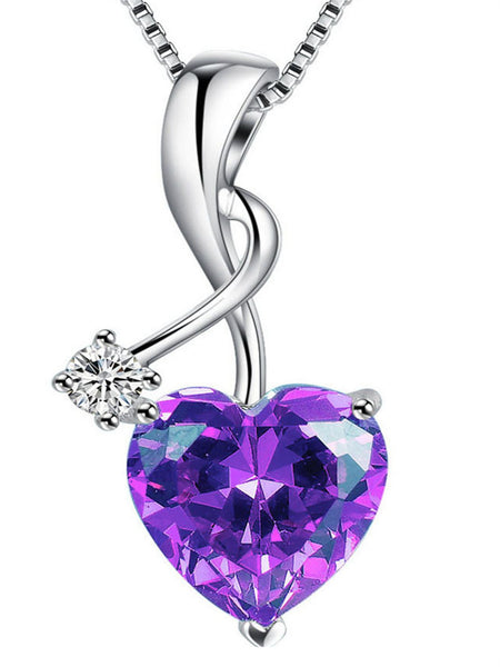 Sterling Silver 3.16ct Heart Cut Simulated Amethyst Pendant Necklace