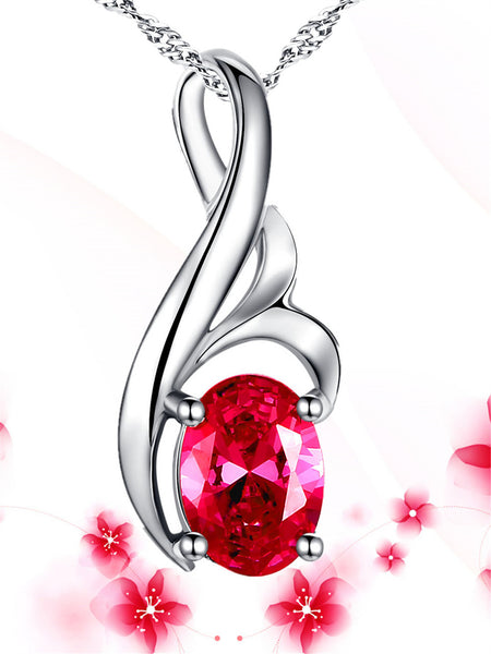 Sterling Silver Oval Cut Simulated Ruby Pendant Necklace