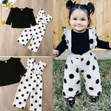 Baby Kids girl long-sleeved clothes T-shirt top+Wave chiffon strap trousers suit